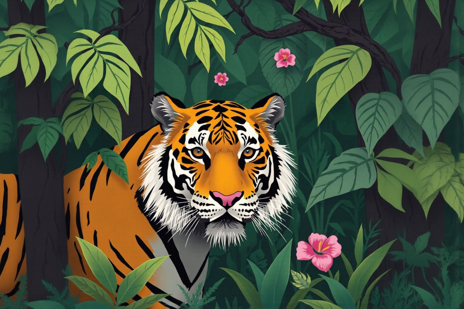 Cubist Tiger Roaming a Geometric Jungle