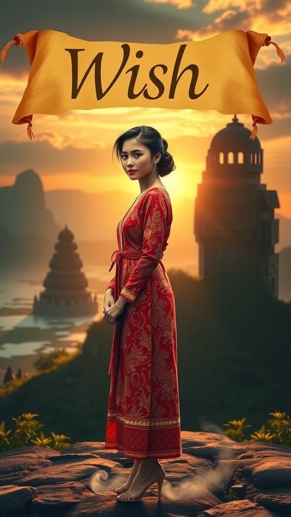 Surreal Indonesian Woman in Golden Hour Panorama