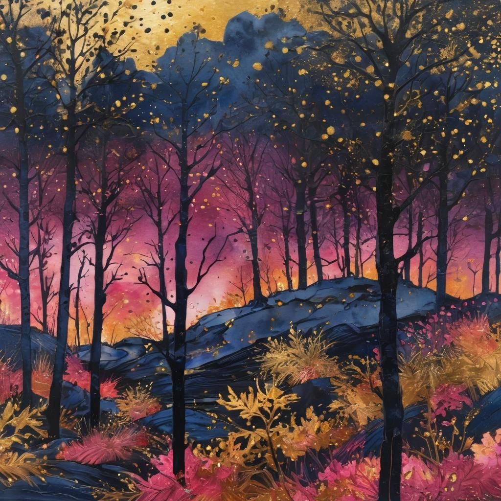 Surreal Autumn Landscape with Golden Stars