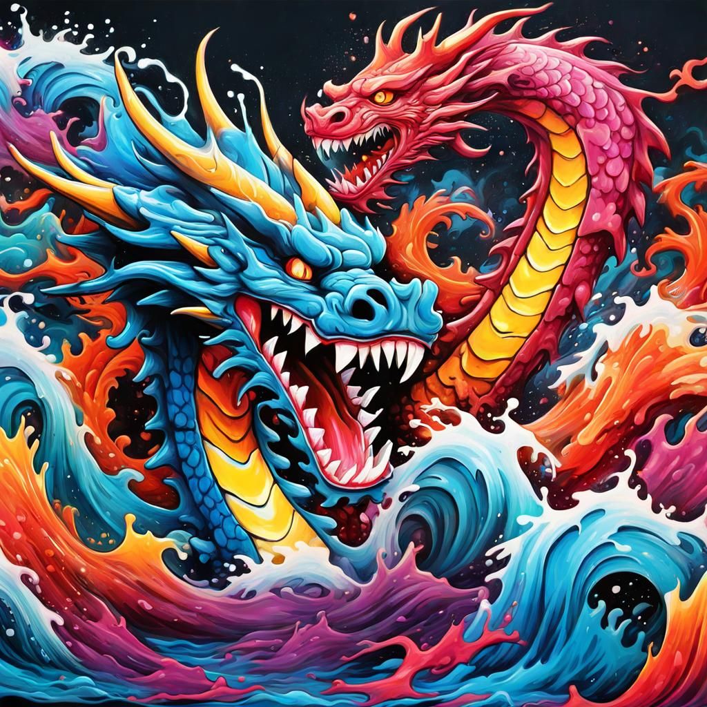Dragons Ride Colorful Waves in Graffiti Art