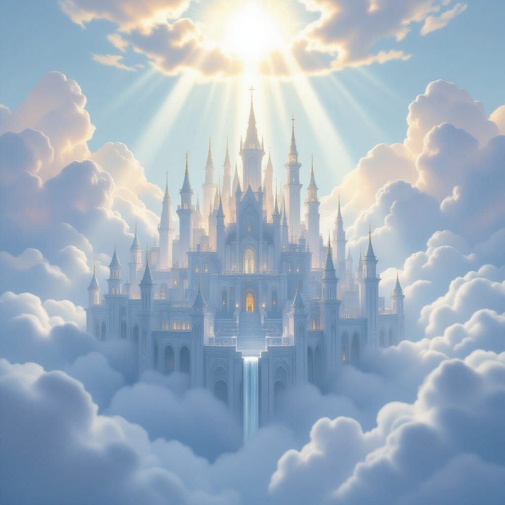 Ethereal White City Floating in Clouds