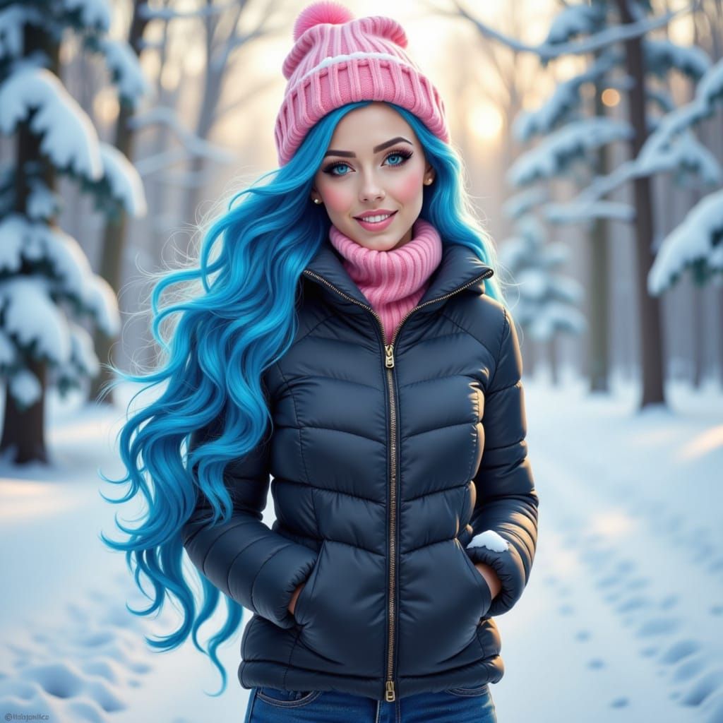 Realistic Blue Haired Woman in Winter Wonderland