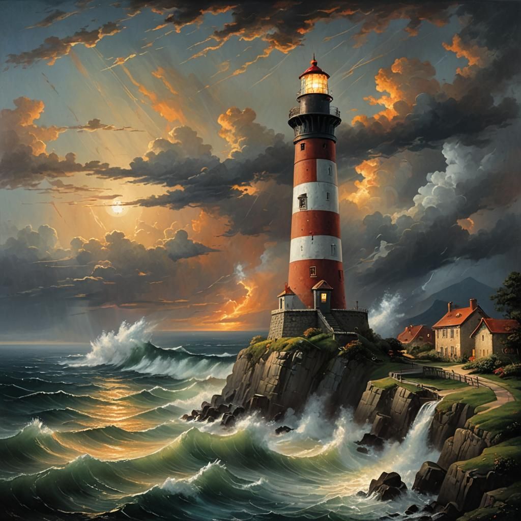 Illuminated Lighthouse in Stormy Weather, Oil Painting