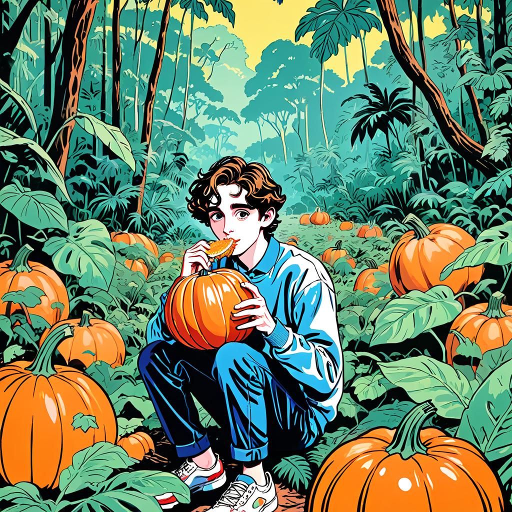 Timothée Chalamet eating a pumpkin in the middle of the Congo Jungle