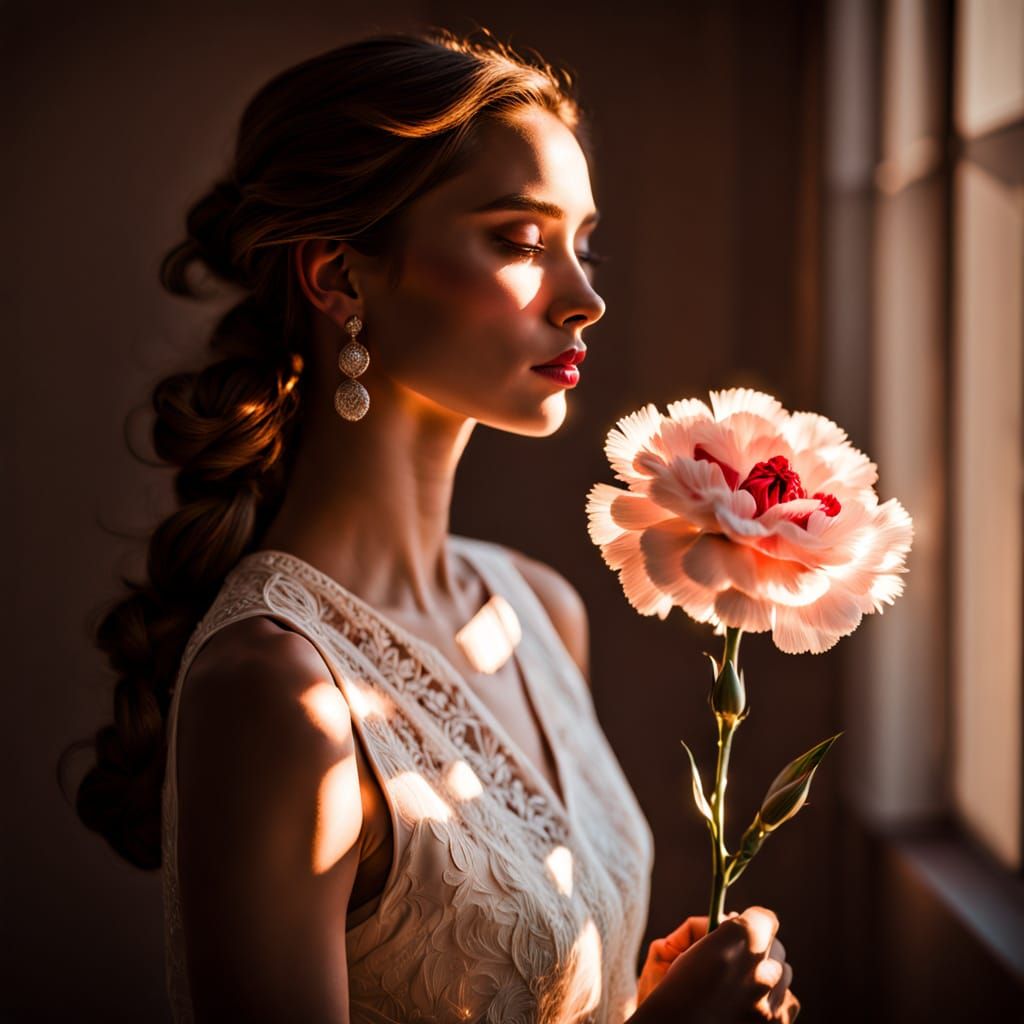 Elegant Woman Reflected in Ornate Golden Mirror