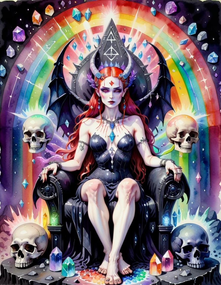 Gothic Goddess Lilith with Rainbow Crystals in Watercolour