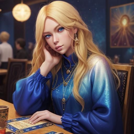 Anime Tarot Reader with Phoenix in Blue Tones