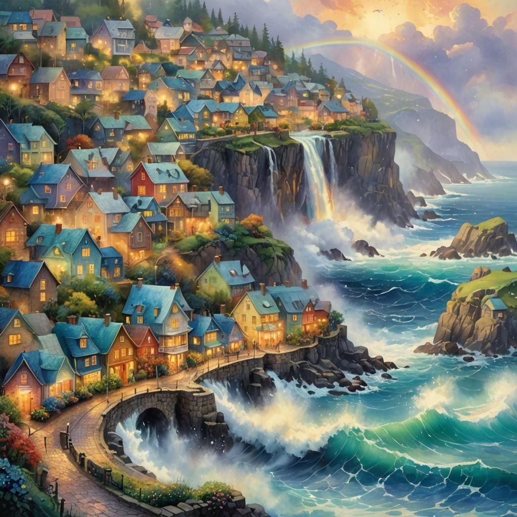 Seaside Town Awash in Azure Waves: A Watercolor Fantasy