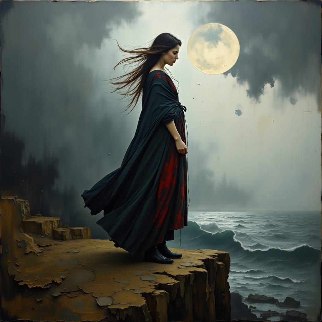 Medieval Woman on Windswept Cliff, Art Nouveau