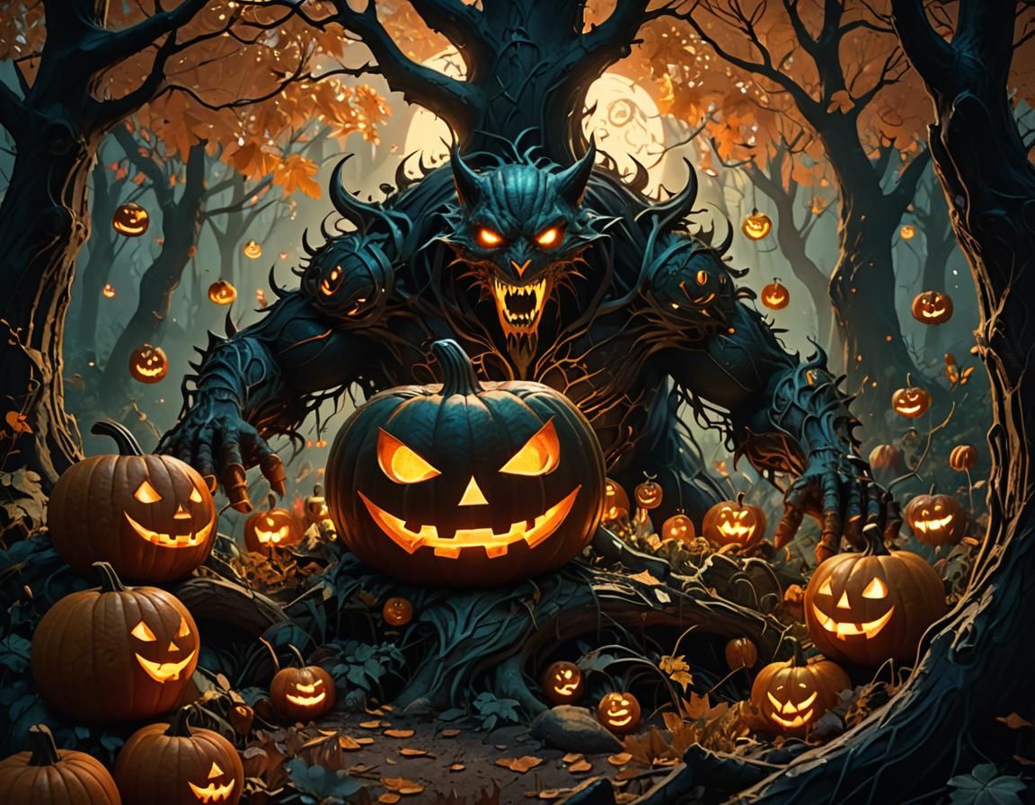 Mystical Forest Halloween Gathering in Dark Fantasy Style