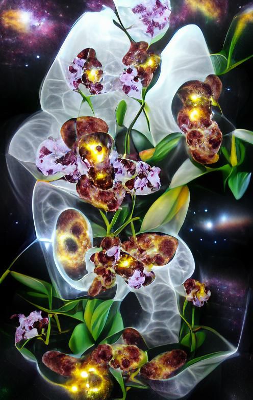 Holographic Cosmic Orchids: Mixed Media Illustration