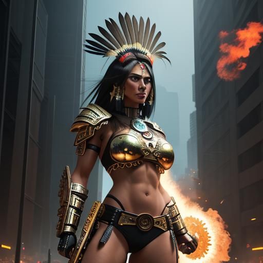 Aztec Warrior Woman with Flaming Sword in Cyberpunk Style
