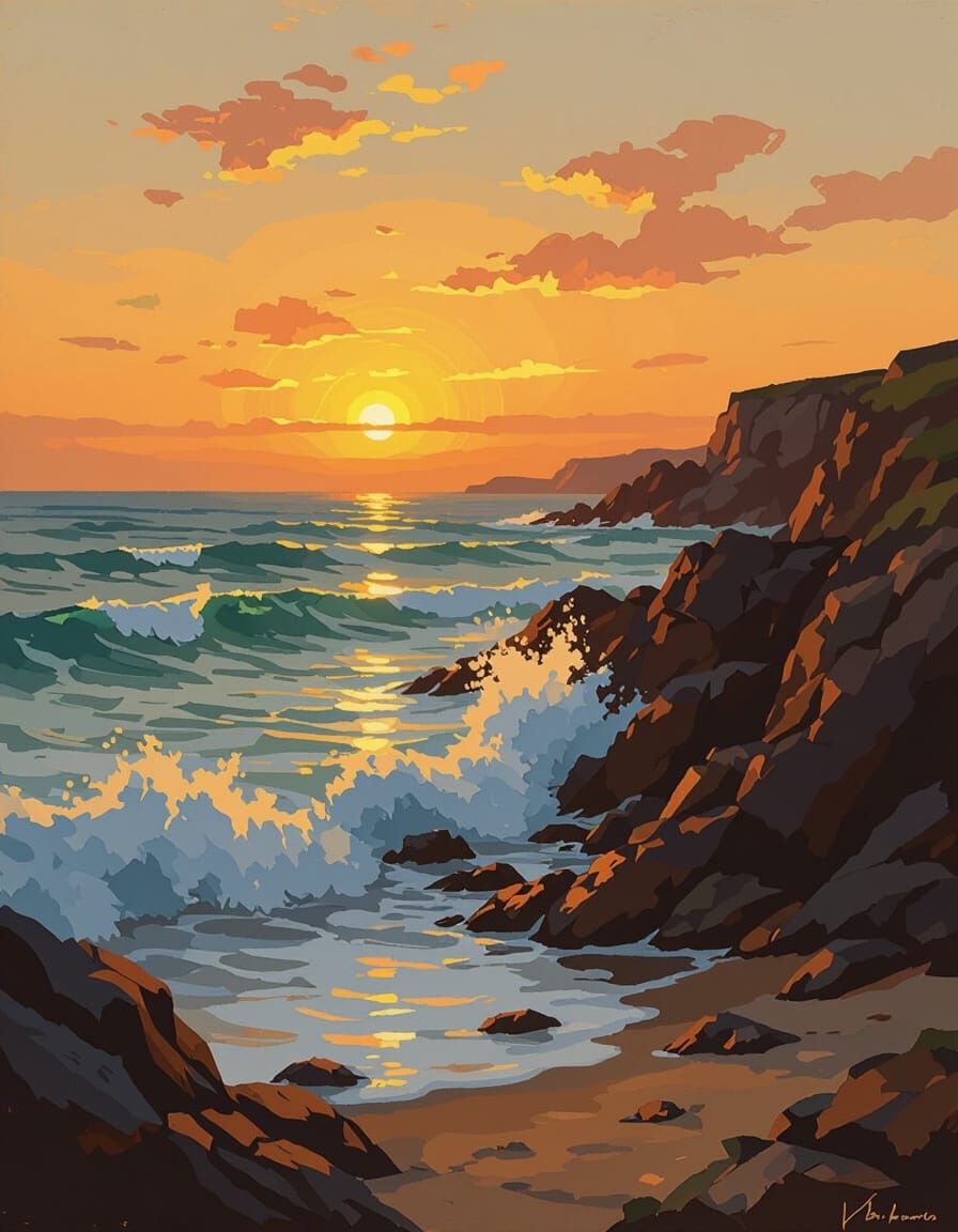 Golden Hour on Rocky Coastline: Painterly Serenity