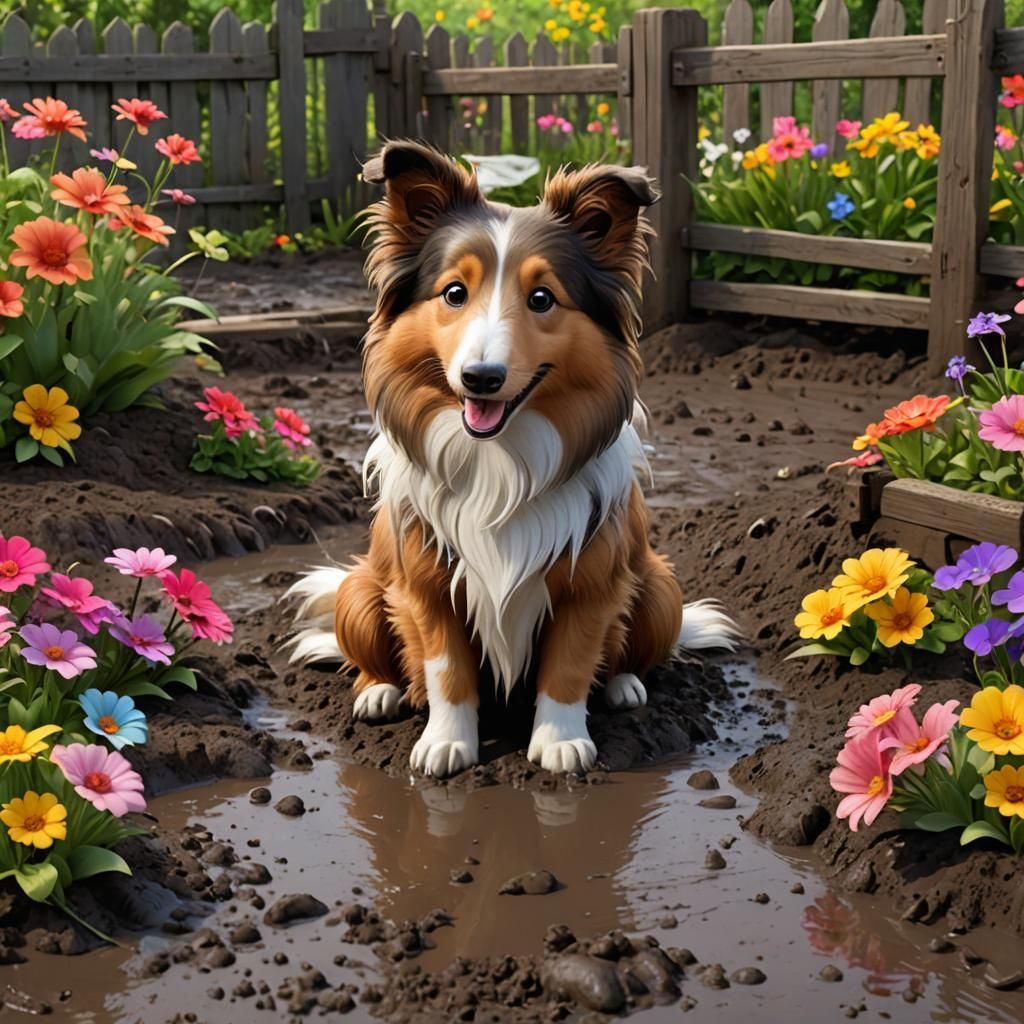 Muddy Sheltie Dog in Colorful Garden, 3D Digital Art