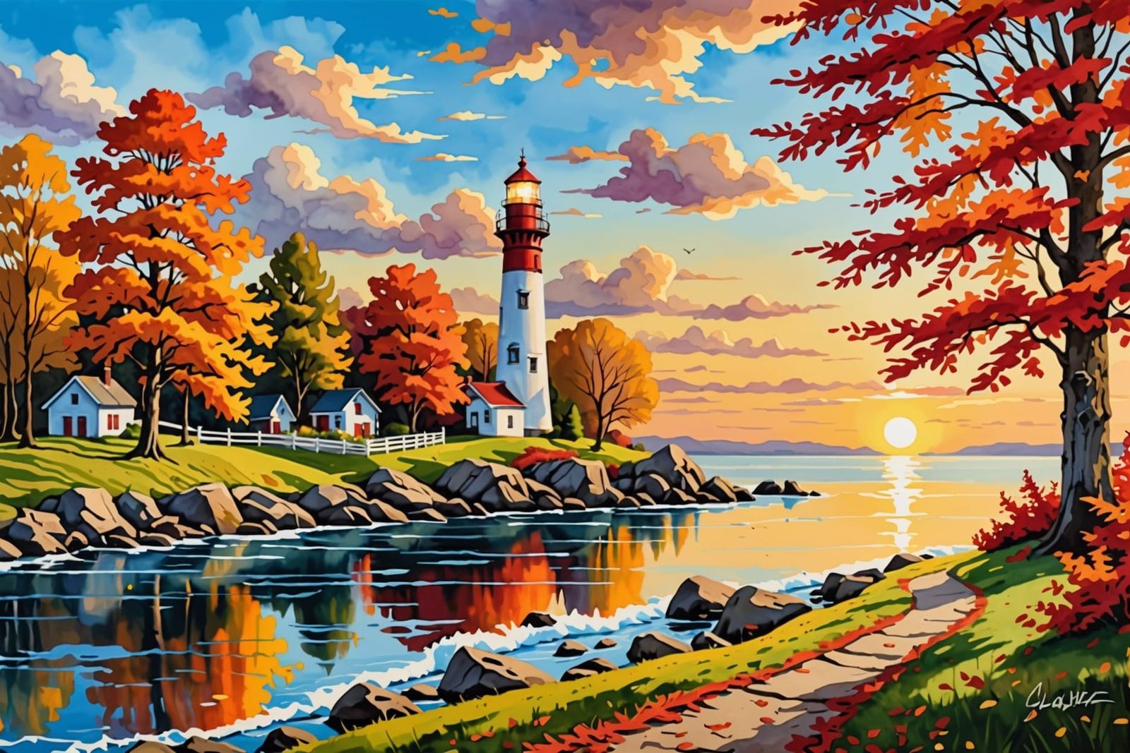 Autumn Lighthouse Landscape in Watercolor and Oil