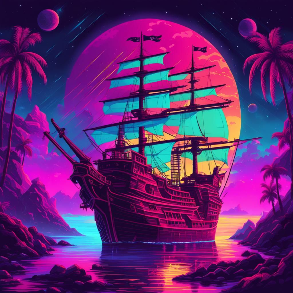 Futuristic Pirate Ship in Synthwave Neon Style