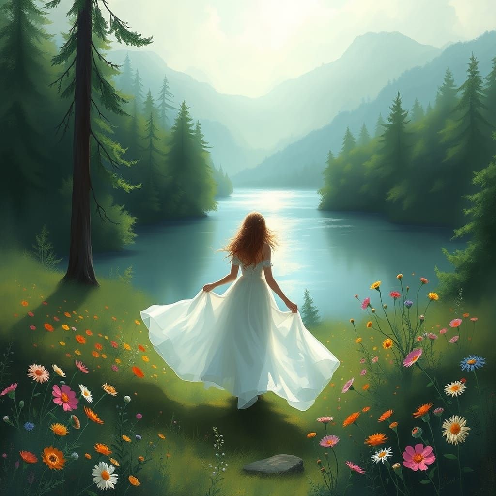 Ethereal Woman in White Dress by Lake