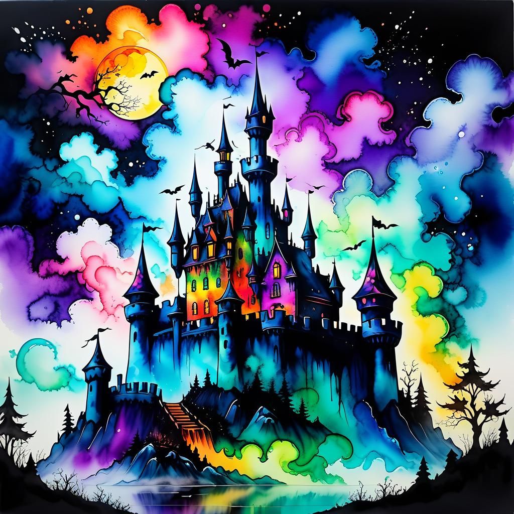 Fantasy Vapor Over Haunted Castle in Alcohol-Ink Style