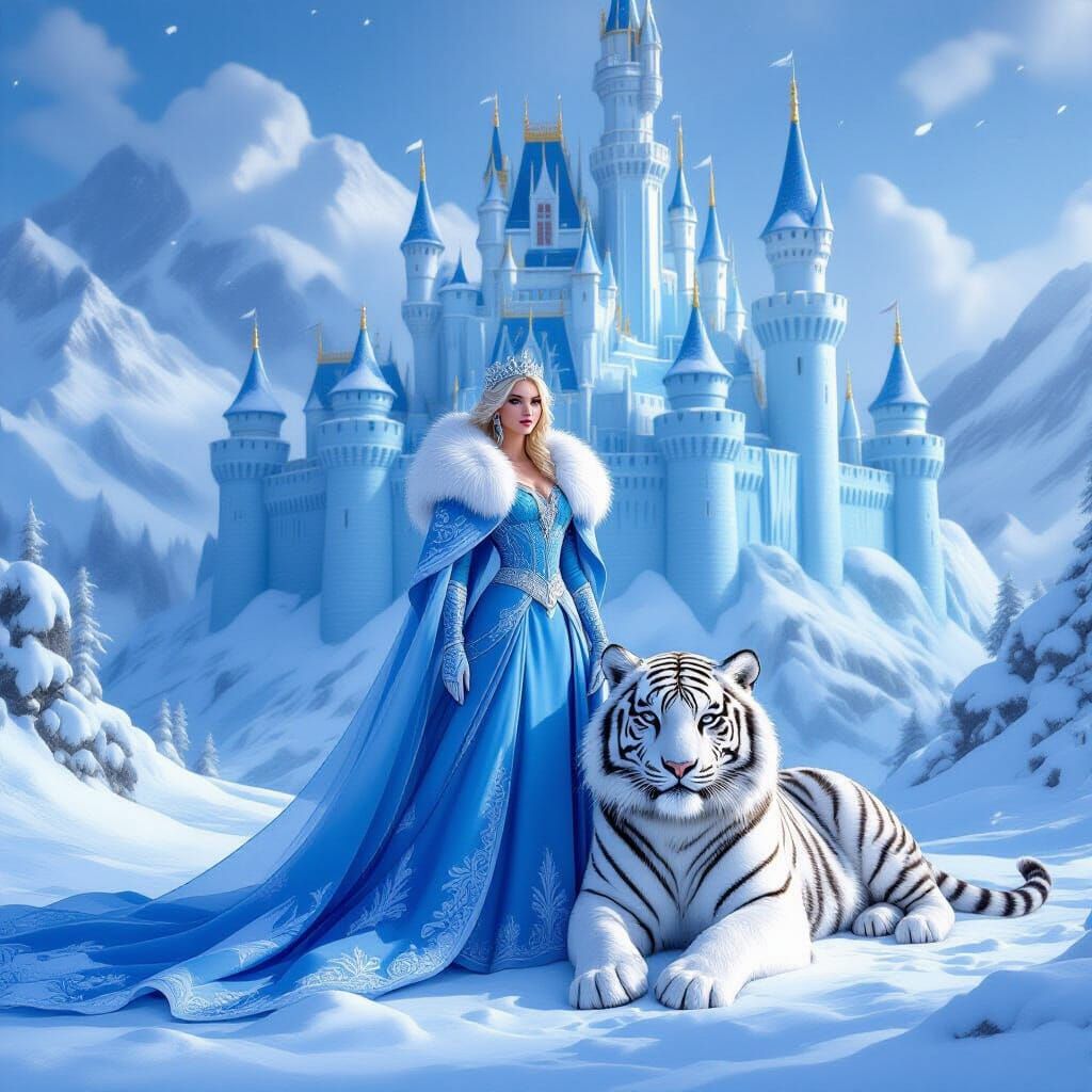 Ice Queen with White Tiger in Digital Art Style