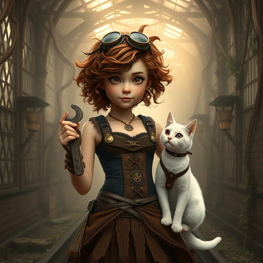 Whimsical Steampunk Girl Helma with Adorable Cat in Mystical...