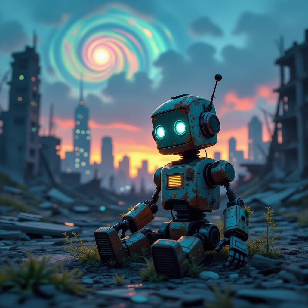 Abandoned Robot in Psychedelic City Ruins