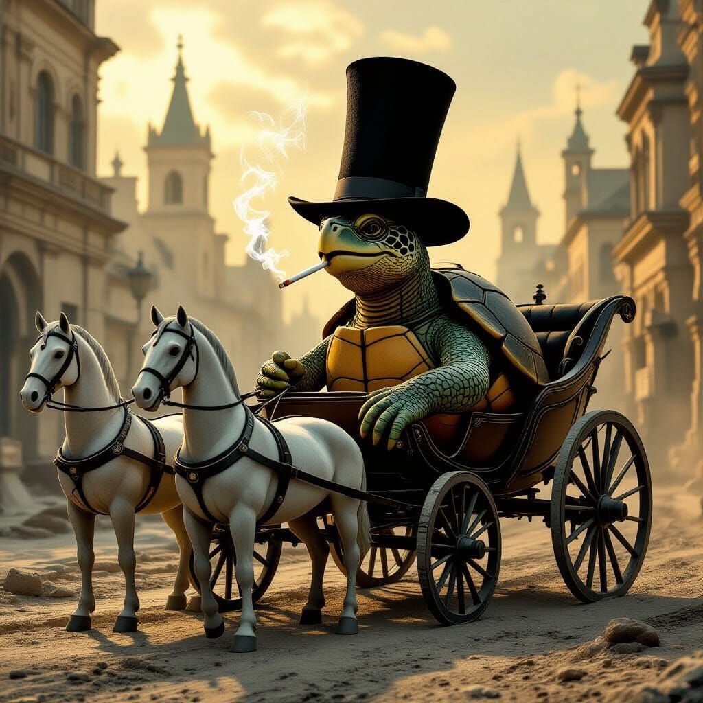 Surreal Medieval Scene With Stone Turtle and Marble Horses