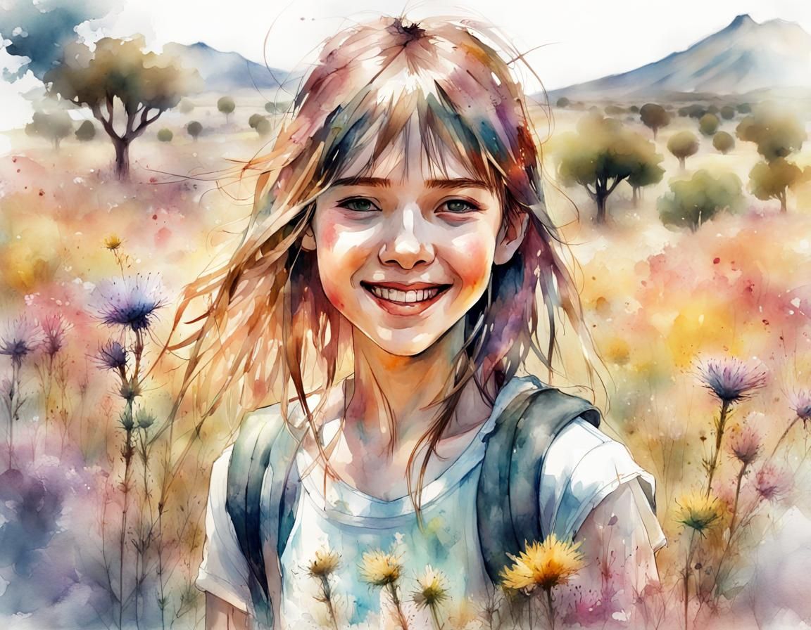 Smiling Girl in Wildflowers: Digital Watercolor Illustration