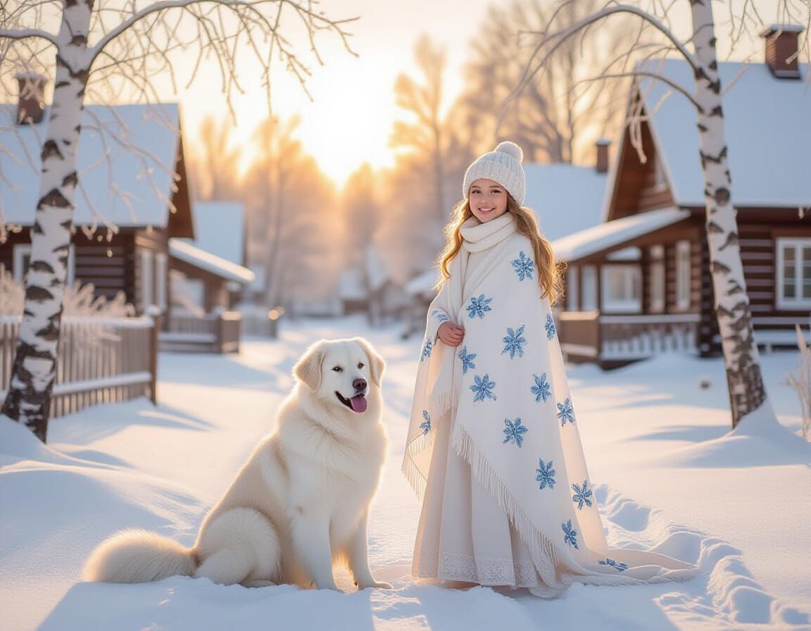 Girl in White Shawl with Blue Flowers in Snowy Village
