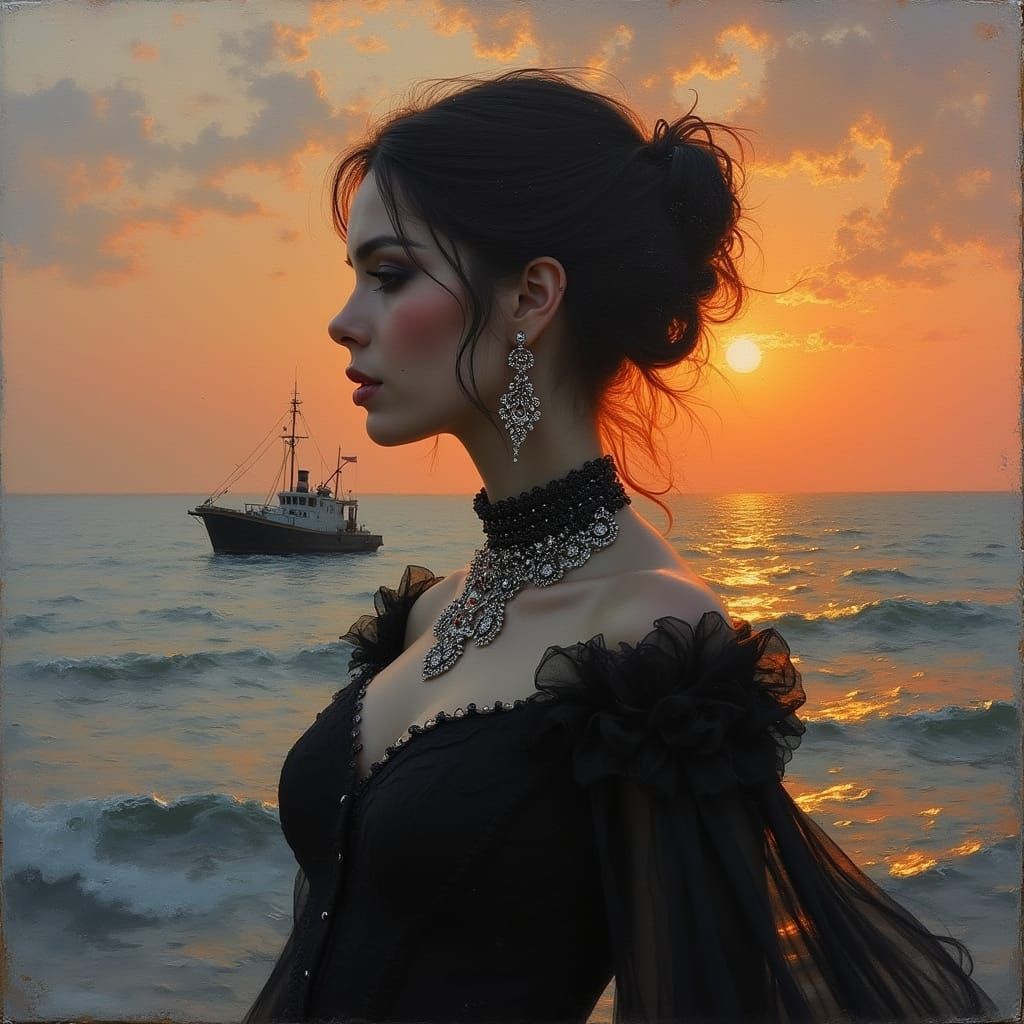 A painting of an iconic goth woman soaked in London, a sunri...