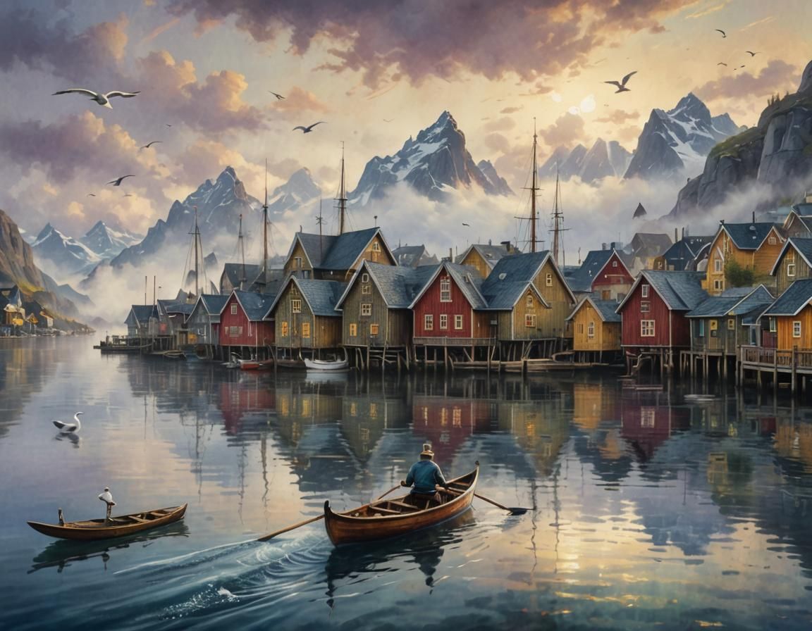 Fairytale Boat Scene in Norway: Neo-Impressionistic Style