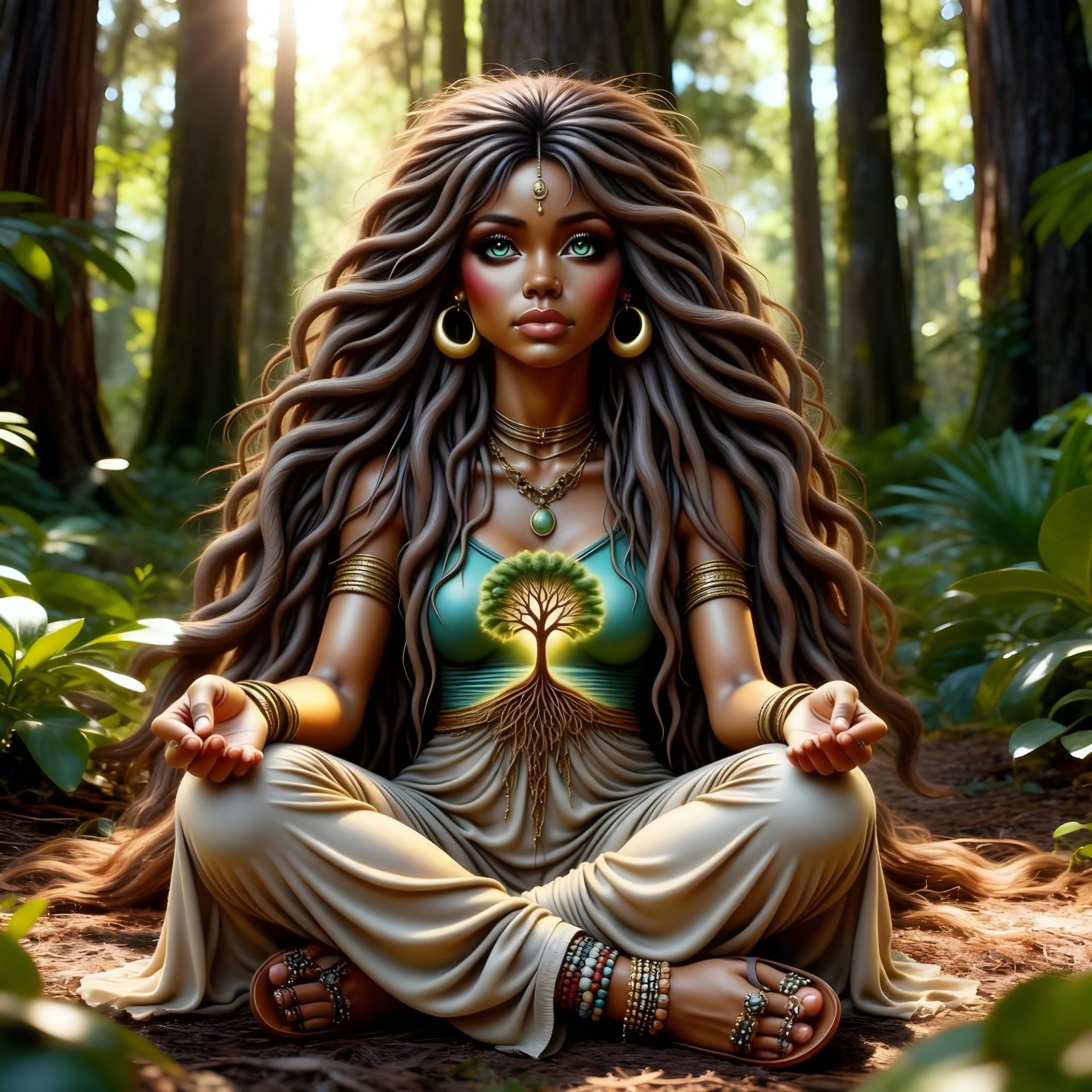 Serene Black Woman Meditating Under Ancient Tree