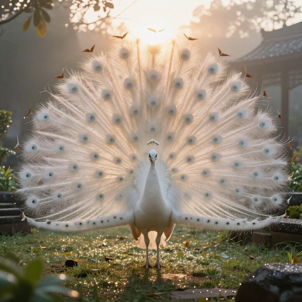 White Peacock Sunrise Display in Photorealistic Style