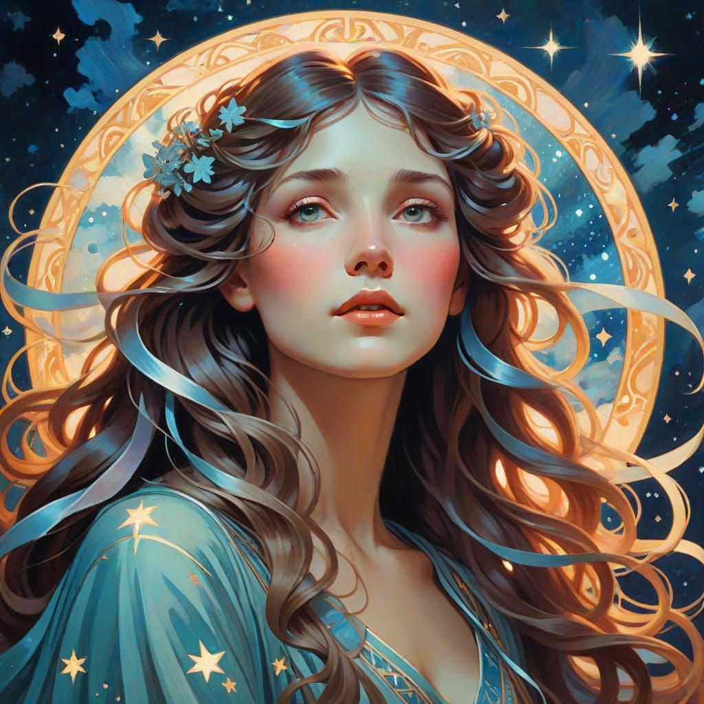 Goddess Portrait with Flowing Hair in Gouache Style