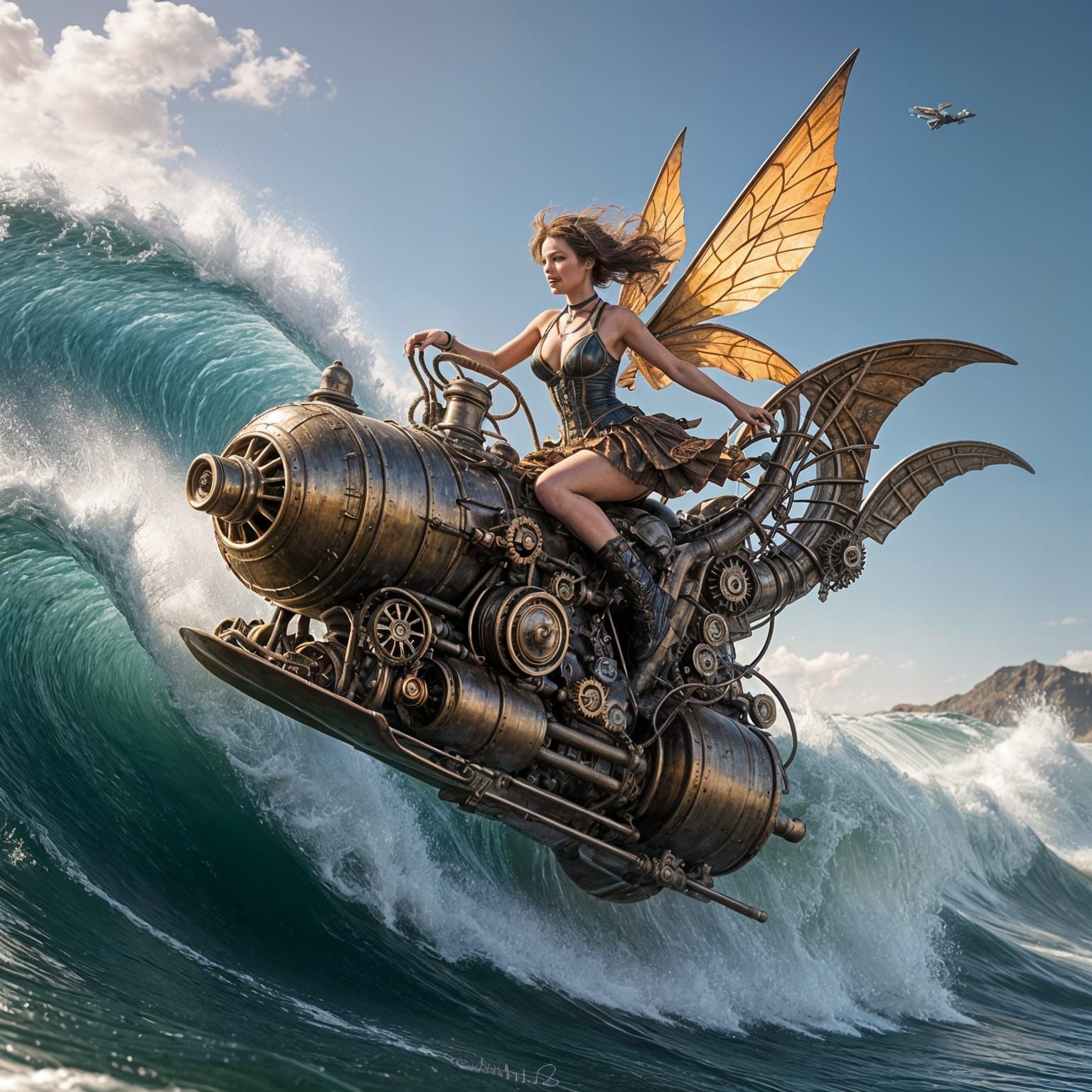 An adventurous fairy  surfing a large wave