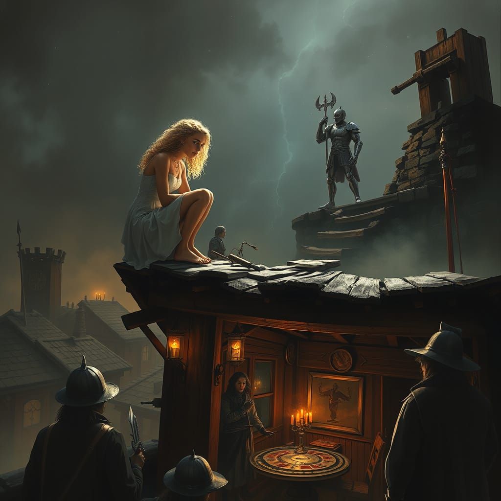 Surreal Scene of Daring Blonde on Shattered Rooftop in Dark ...