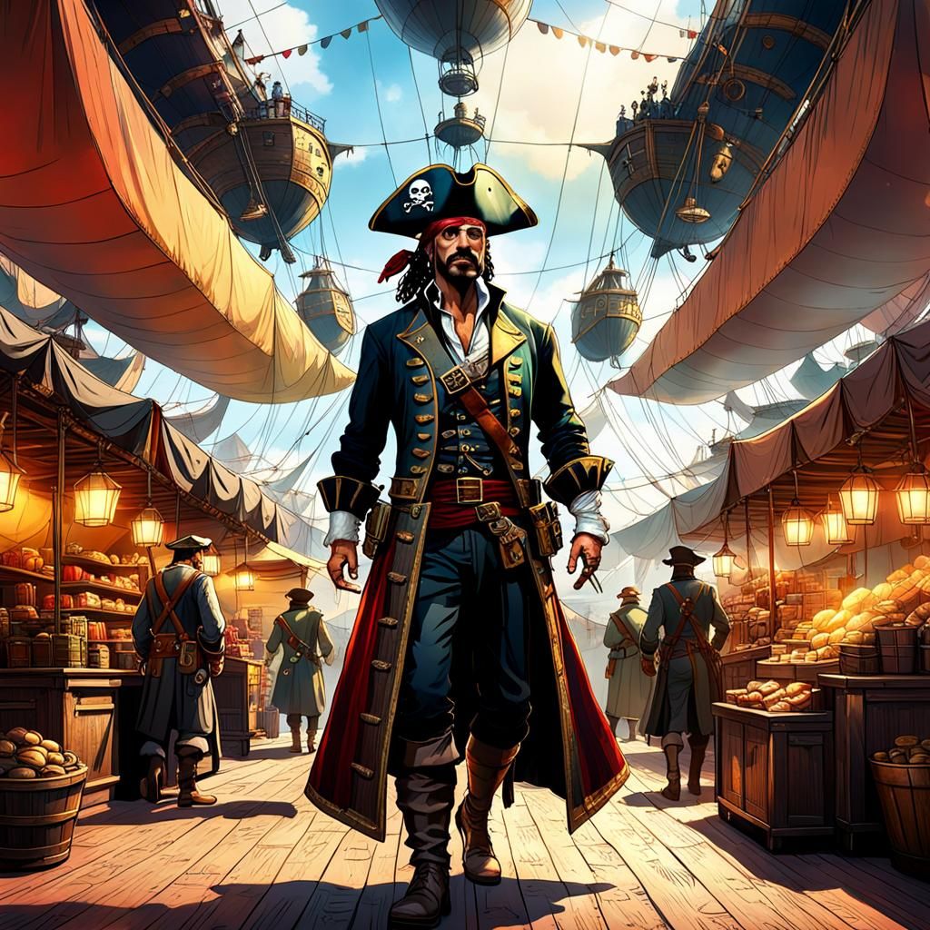 Steampunk Pirate in a Market of Airships