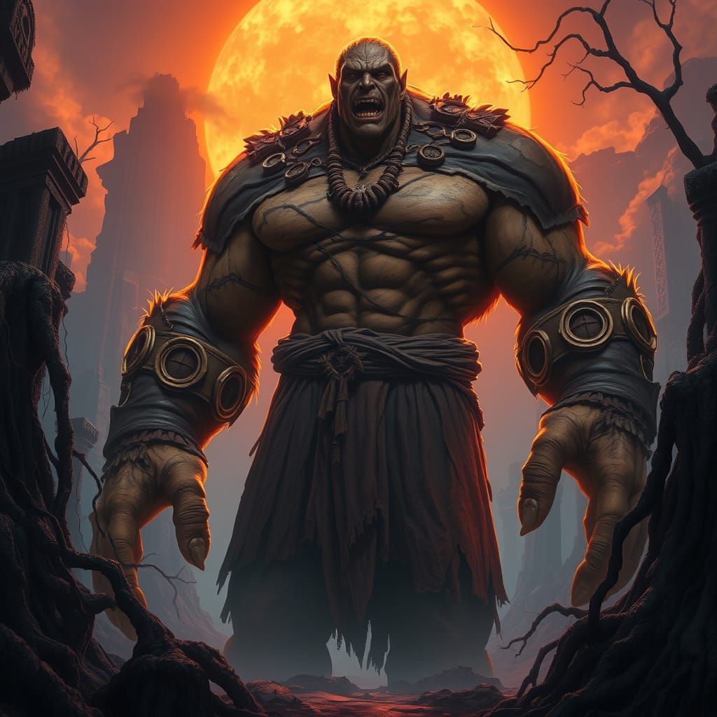 Epic Fantasy Giant in a Realm of Ancient Ruins