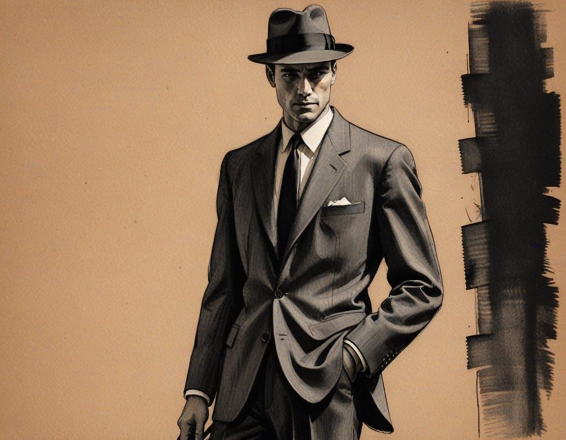 Elegant Man in 1950s Fashion, a Charcoal Sketch