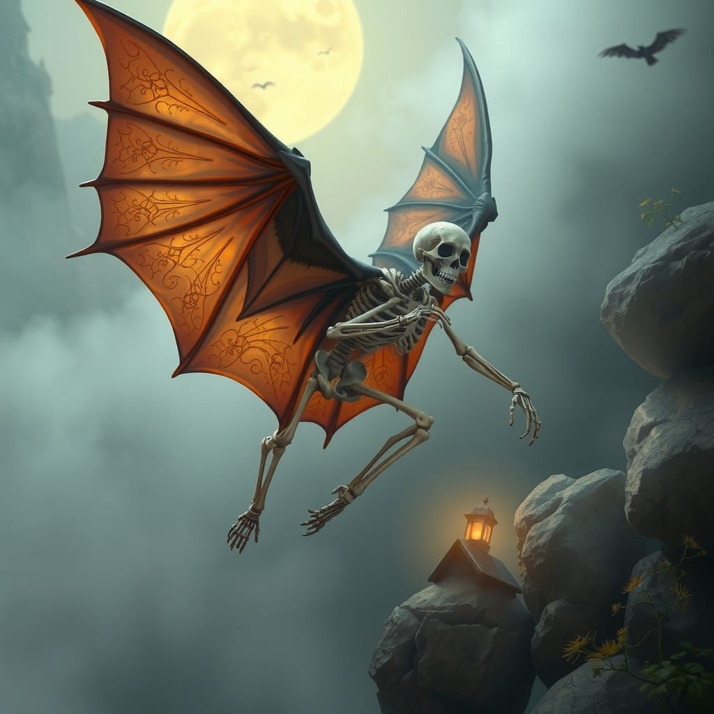 Ethereal Bat Skeleton Flight in Misty Landscape