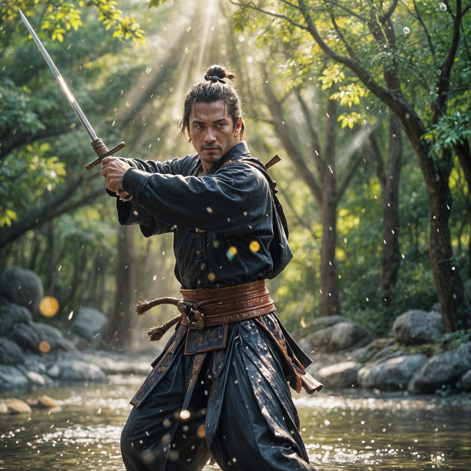 Dynamic Samurai Sword Action with Bokeh Effects