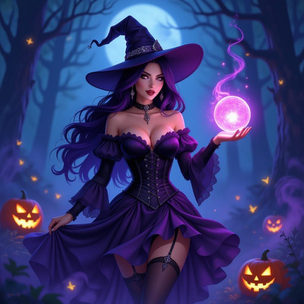 Enchanting Witch in Moonlit Forest, Mystical Art