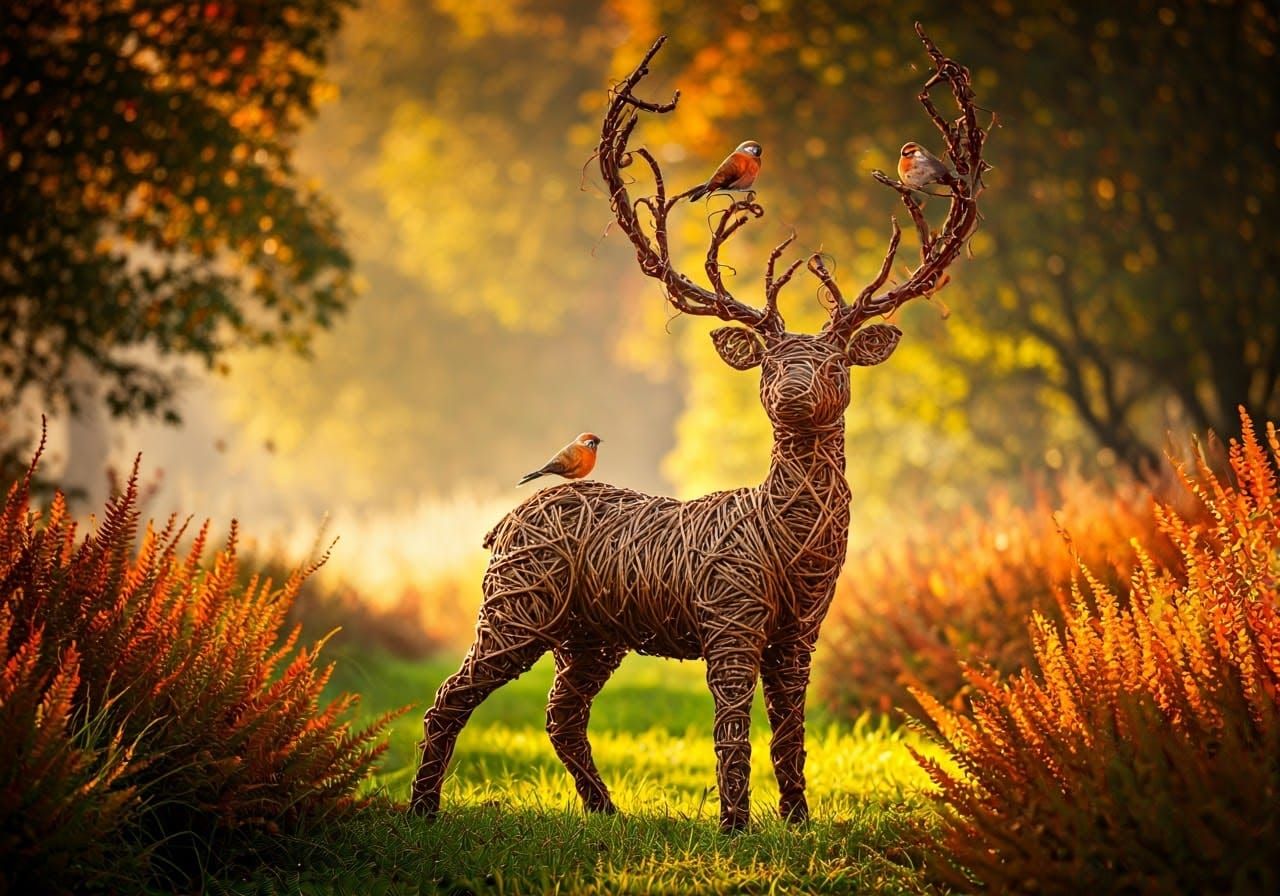 Grapevine Reindeer Sculpture with Birds in Autumn