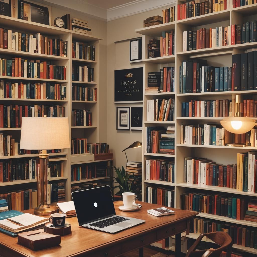 Cozy Writing Desk with Laptop and Books
