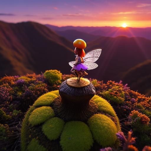 Fairy on Mushroom in Sunset: Macro Photography