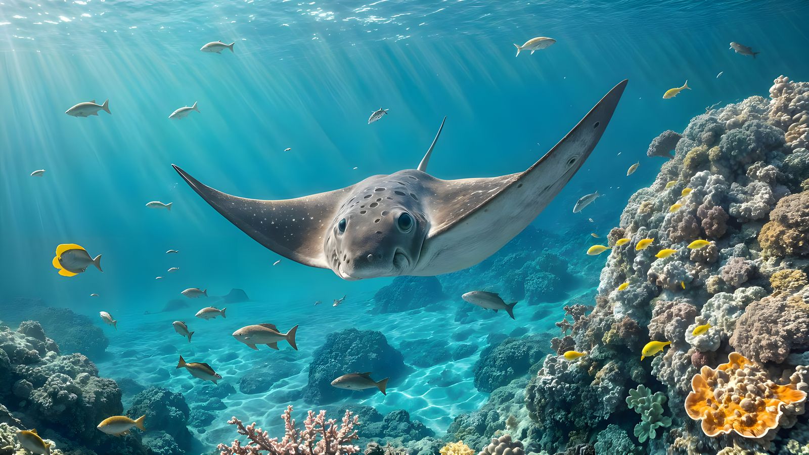 Stingray Swimming Among Coral Reefs and Colorful Fish