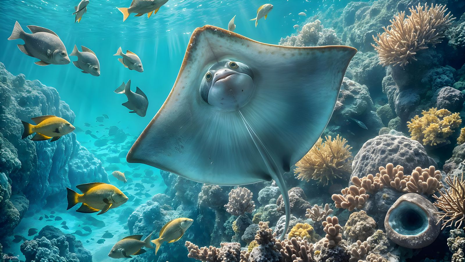 Stingray's Calm Swim Among Colorful Reefs