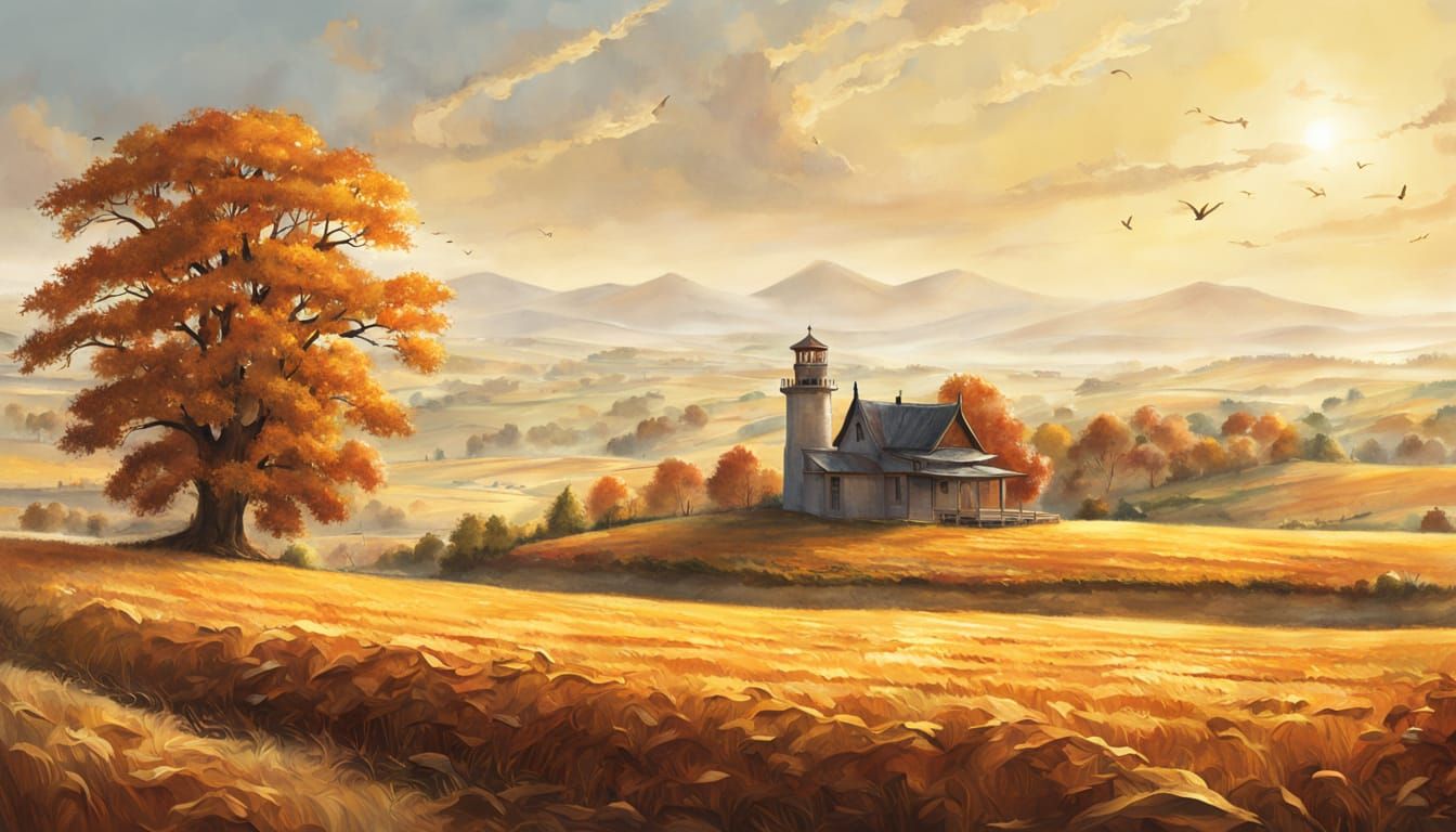 Serene Autumn Harvest Landscape with Golden Hour Light