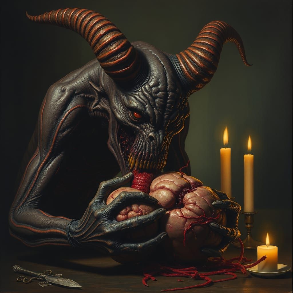 Grotesque Demon Deity Feasting in Dark Surrealism