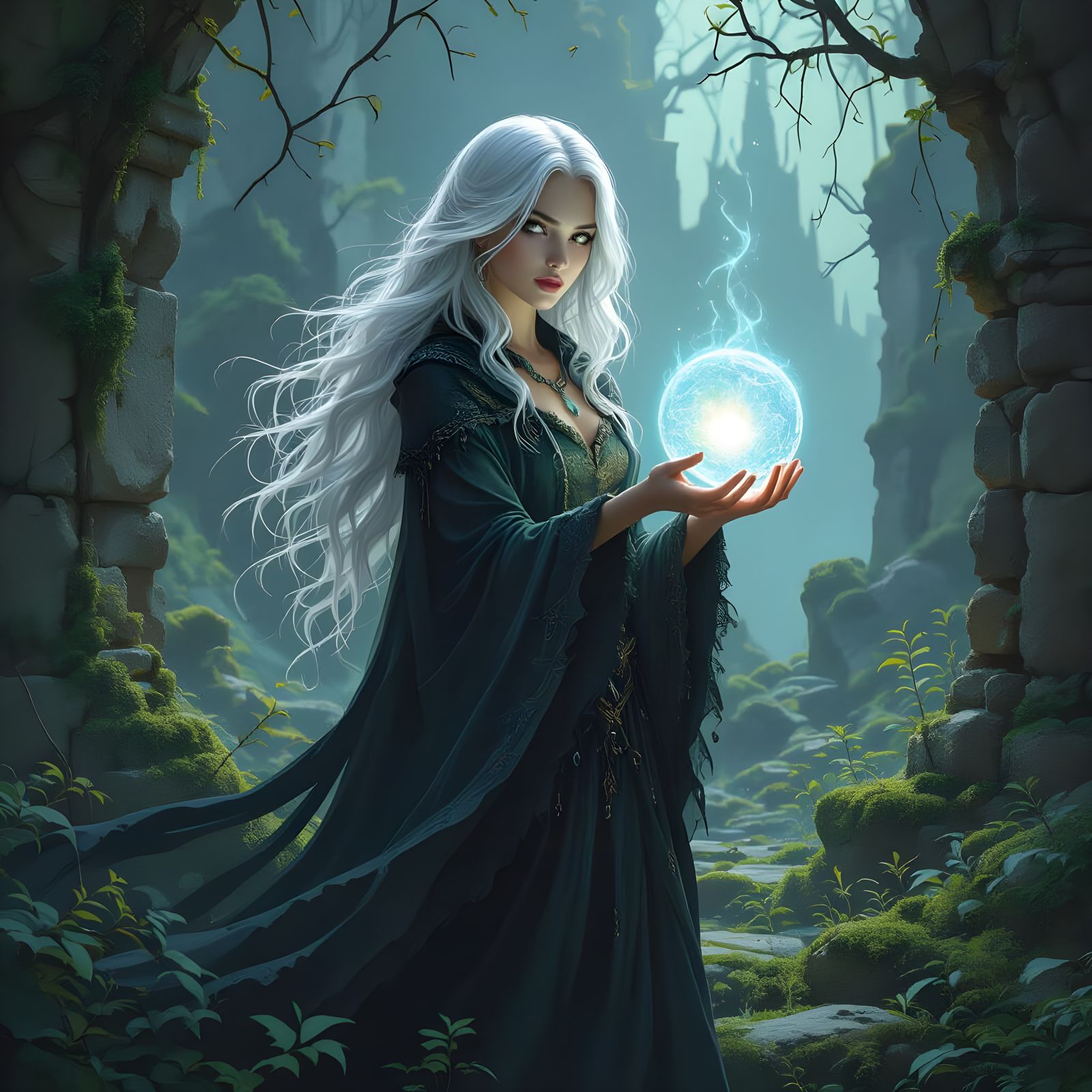 Ethereal Witch in Ruins with Glowing Orb, Digital Art
