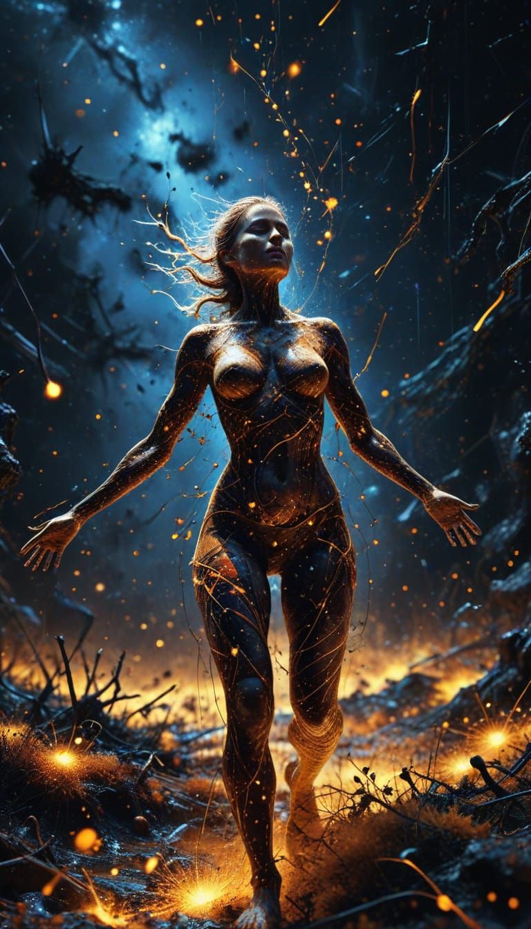 Woman in Cosmic Neural Network Dreamscape